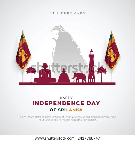 Happy Sri Lanka Independence Day Greeting Card and Post. Independence Day of Sri Lanka with Text, Flag, and Skyline Vector Illustration