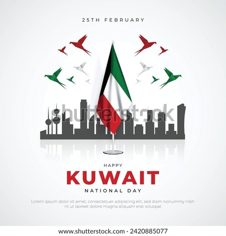 Kuwait National Day Social Media Post and Flyer Template. 25th February - National Day of Kuwait Celebration Greeting Card and Background with Text and Oragami Birds Vector Illustration