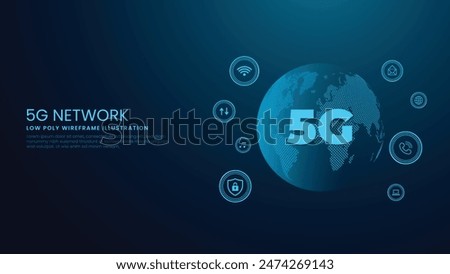 5G Technology Global Network Concept. 5G Internet and Network Icons Vector Illustration on Technological Blue Background. 