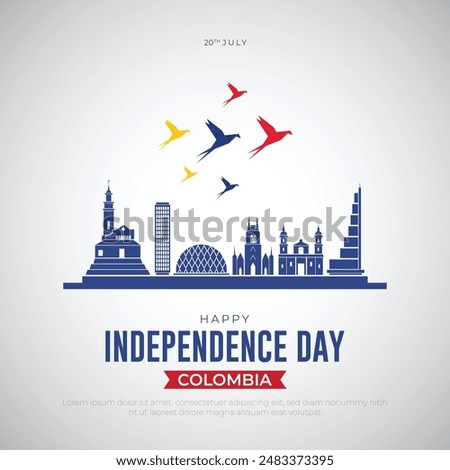 July 20 - Happy Independence Day Colombia Post and Greeting Card. Colombia Independence Day Flyer Template with Text and Colombia Skyline Vector Illustration