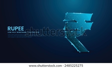 Rupee Currency Sign Low Poly Wireframe in Blue Technological Background. 3D Rupee Symbol, Indian Currency Vector Illustration