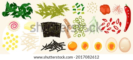 Food illustrations, toppings, vegetables, eggs, boiled eggs, yolks, green onions, chili peppers, chili paste, sesame, seaweed, sprouts, naruto, butter, corn, menma, garlic, mizuna, wakame, pop touch, 