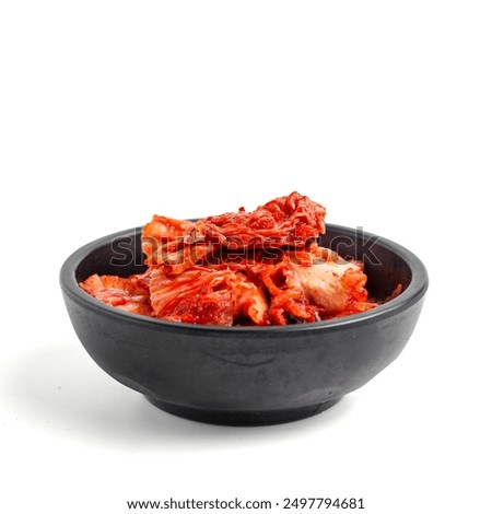 Similar – Image, Stock Photo Kimchi, fermented chinese cabbage in hot chili sauce , in bowl with chopsticks on rustic kitchen table. Close up