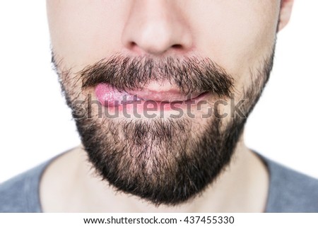 Male Lips With Untrimmed Beard At Closeup.Close Up Of Male Part Of Face ...