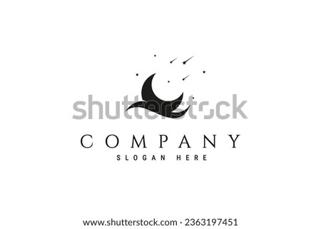 logo design vector illustration image of a crescent moon silhouette with waves decorated with shooting stars