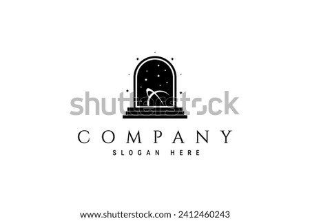 Archway staircase logo with space view of planets, stars and others in flat vector illustration design style