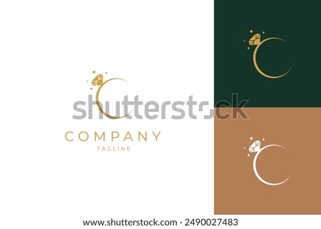 Diamond Ring Jewelry logo with crescent moon shape in luxury elegant gold flat vector design style