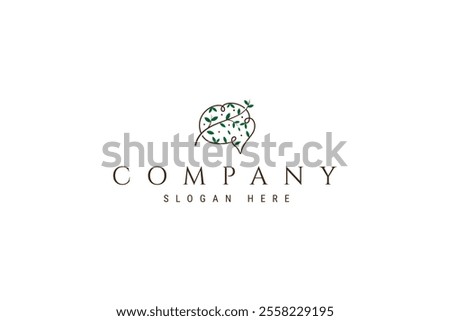 brain icon logo with natural leaf elements, brain health vector logo design in outline linear design