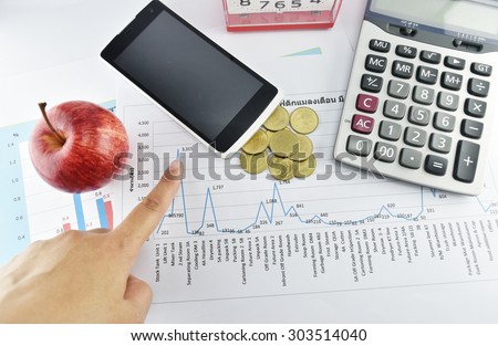 Apple, money,clock, telephone and calculator placed on document., concept for business