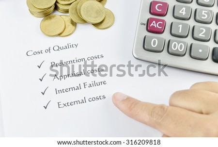 element of Cost of Quality on white paper with money, pen and calculator. concept for business.