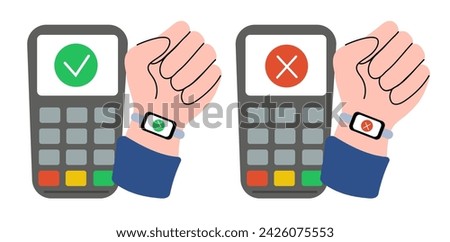 Processing of smartwatch payment. Accepting and declining payment. POS terminal and hand with watch. Contactless payment method. Vector flat illustration.