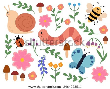 Cute and cozy set of snail, worm, butterfly, bee, ladybug, mushrooms and flowers. Children clip art. Spring or summer flora and fauna. Vector flat illustration.