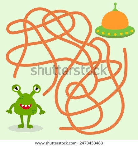 Help cute alien monster find path to UFO spaceship. Labyrinth. Maze game for kids. Messy line children logic game. Confusing path lines vector illustration.