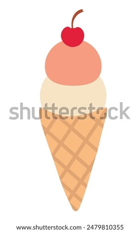 Ice cream in waffle cone with cherry. Summer time sweet food. Vector flat illustration.