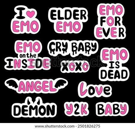 Set of emo stickers. Y2k style. Lettering. Angel and Demon. Cry Baby. Elder Emo. Black and pink. Vector flat illustration.