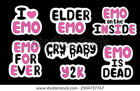 Set of emo stickers. Y2k style. Lettering. Cry Baby. Elder Emo. Black and pink. Vector flat illustration.