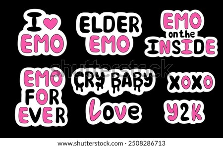 Set of emo stickers. Y2k style. Lettering. Cry Baby. Elder Emo. Black and pink. Vector flat illustration.