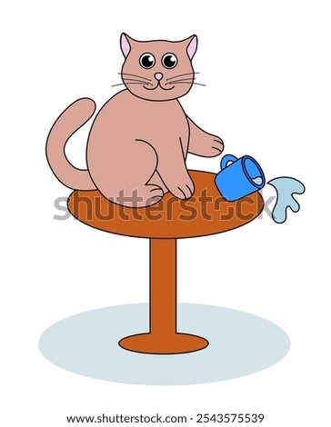 Problem with cat behavior. Kitten pushes cup off the table. Cute hand drawn flat illustration.