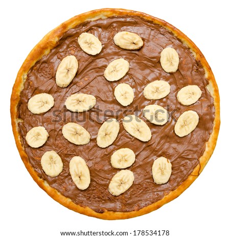 sweet chocolate pizza with banana slices, isolated, top view