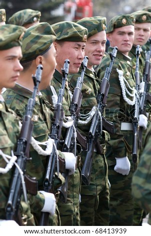 ULAN-UDE, RUSSIA - MAY 9: Young russian soldiers at the parade on annual Victory Day, May, 9, 2009 in Ulan-Ude, Buryatia, Russia.