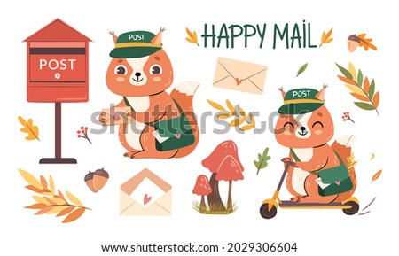 Autumn post set. Cute squirrel mailman with leaves, letters, mail box, mail bag. Isolated Fall woodland elements. Hand-drawn flat vector illustration