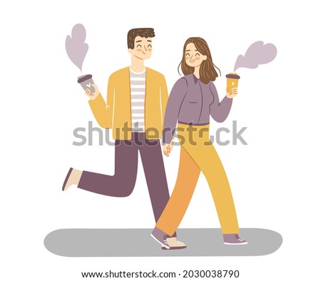 Couple walk with coffee. Cute girl and a guy on a date with coffee to-go. Isolated happy people vector illustration.