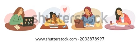 Student girl set. Collection of young women with laptop studying, writing in notebook, dreaming, browsing Internet. Freelancer woman in casual clothes works from home. Hand drawn flat vector