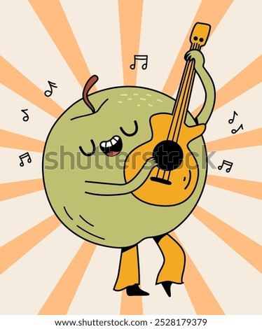 Retro fruit  character illustration. Watermelon playing guitar isolated vector illustration