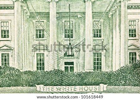 Macro of the White House on back of the US twenty dollar bill.