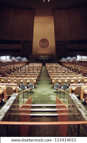 NEW YORK, NY - DEC 10:  Interior of the General Assembly Hall at the United Nations headquarters on December 10, 1991 in New York, NY.
