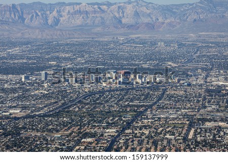 LAS VEGAS, NEVADA - Oct 15:  View of downtown Las Vegas.  Shot from Frenchman Mountain.  Vegas has 149,820 hotel rooms with a average daily rate of $110 on October 15, 2013 in Las Vegas, Nevada.