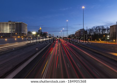ATLANTA, GEORGIA - February 15, 2014: Editorial night view of Atlanta\'s busy Interstate 75 and 85 freeways through downtown.
