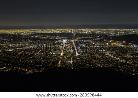 Night aerial of Glendale and downtown Los Angeles in Southern California.