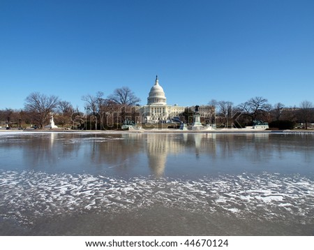 Frozen United States Capitol building.  Winter in Washington DC.