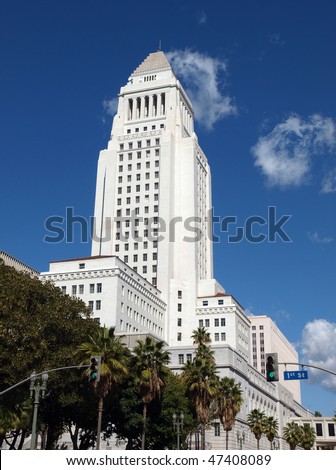 Historic Los Angeles City Hall on a bright sunny day.