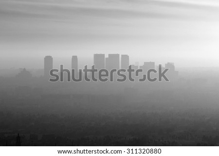 Smoggy black and white view of Century City, Beverly Hills and West Los Angeles.