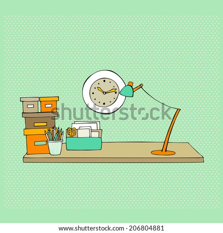 illustrated office desk in outlines