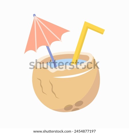 Coconut cocktail with straw and umbrella in flat style. Summer beach design elements.