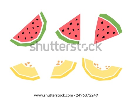 Set of cartoon watermelon and melon slice isolated on white. Geometric fruits collection elements for logo, print, design.