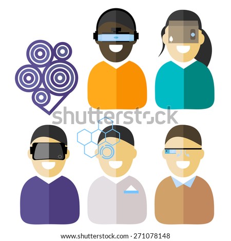 Virtual reality flat icons set, vector illustration of happy people wearing vr devices