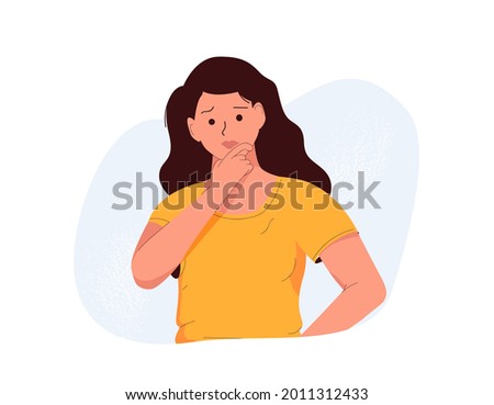 Frustration, doubt, having no idea concept. Young confused woman cartoon character standing and expressing frustration with difficult situation trying to find solution in head vector illustration