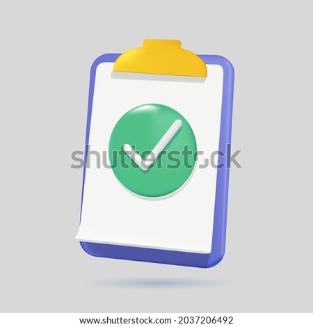 Check mark icon. Approvement concept. Document, file, clipboard, checklist. 3d realistic vector illustration. Contract papers. Document. Folder with Stack of agreements. Documents papers. Contract