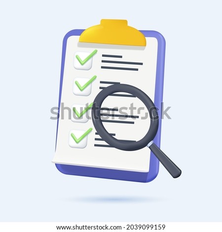 Successfully complete business assignments icon. Magnifying glass with a checklist on clipboard paper. 3d vector illustration. Successful completion of business tasks. Marked checklist on a clipboard