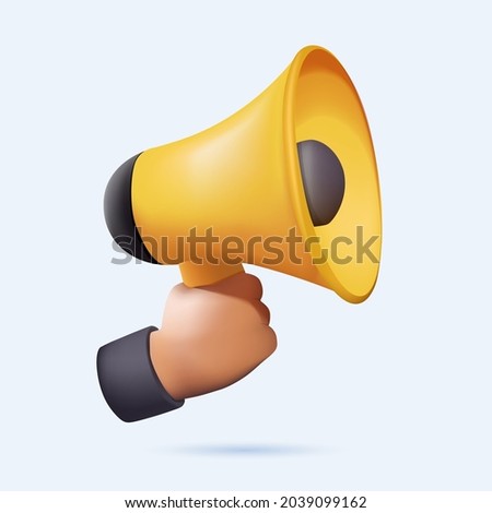 Male hand holding megaphone with place for speech bubble. Loudspeaker. Banner for business, marketing and advertising. Refer a friend vector illustration concept, people shout on megaphone. 3D vector.