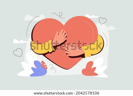 Self love with heart hug as mental healthcare and esteem tiny person concept. Holding yourself and be proud about body, inner peace and acceptance vector illustration. Female confidence with harmony.