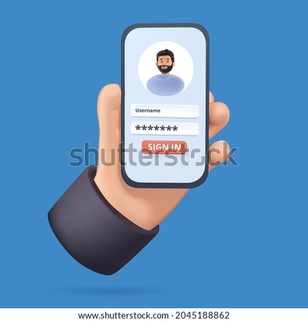 Sign in to online account on smartphone app. User interface. Secure login and password. 3D Vector Illustrations. Hand holding mobile smart phone with log in app. Free to edit 3D vector. UI interface