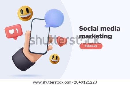 Social media concept. Marketing time. Realistic abstract 3d design. Cartoon style. In hand phone sends emoticons of emotions to friends. Mobile Template Social network. smile icon. Vector illustration