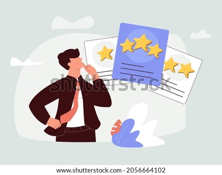 A cute cartoon guy and rating cards. Choosing the right tariff plan, pricing table, evaluating, and determining the best option. Thin line elegance vector illustration on white background. Rating