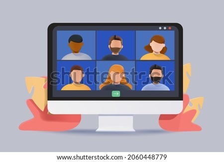 Video conference icon. People on computer screen. Home office in quarantine time. Digital communication. Teaching media. Video Conference Interface Related Vector. 3D vector free to edit. Share Screen