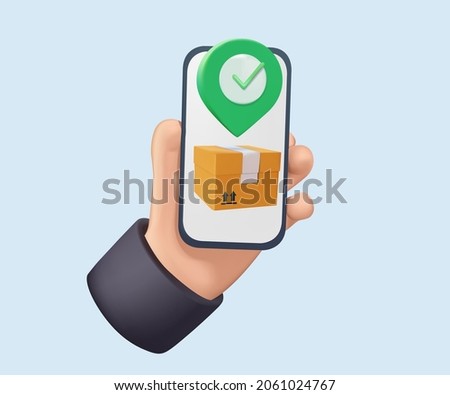 Vector 3D illustration Icons Related to Express Delivery Process, Delivery Home, Contactless and Order Curbside Pickup Online. 3D illustration and infographics design elements. Hand holding phone